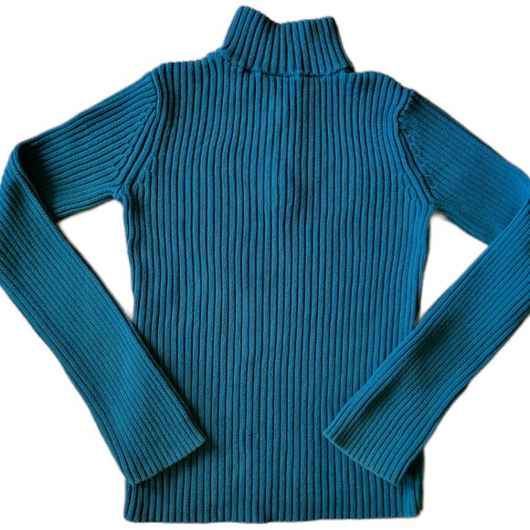 DKNY Jeans | Vintage Peacock Blue ¼ Zip Logo Mock Neck Sweater | M - Picture 3 of 9